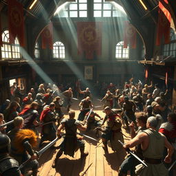 A bustling fighter's guild filled with warriors honing their skills