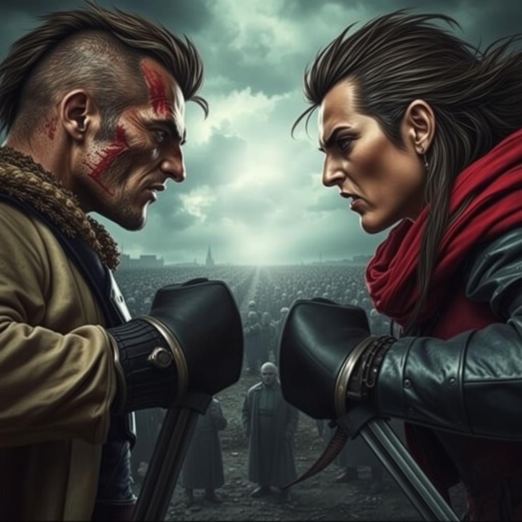 A dramatic scene showing two fierce enemies locked in an intense gaze, their expressions transitioning from hostility to deep, unexpected connection