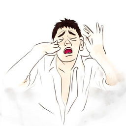 A manga styled representation of a man in the throes of a hangover, featuring exaggerated facial expression demonstrating discomfort and exhaustion.