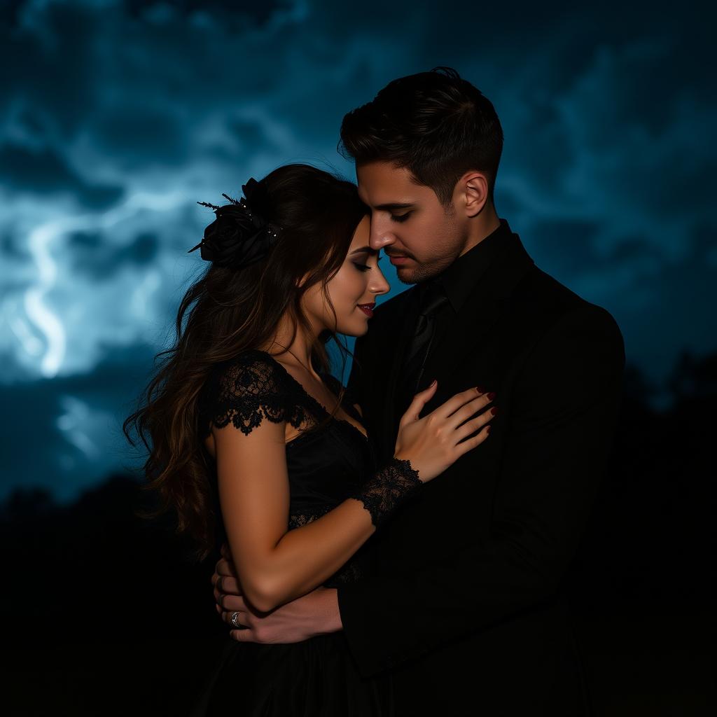 A dark, passionate couple in love, standing under a stormy night sky