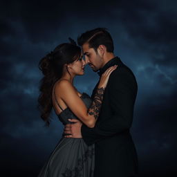 A dark, passionate couple in love, standing under a stormy night sky