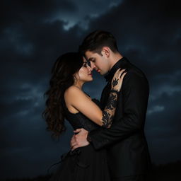 A dark, passionate couple in love, standing under a stormy night sky