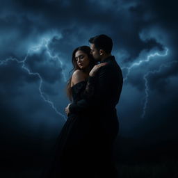 A dark, passionate couple in love, standing under a stormy night sky