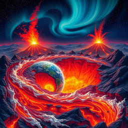 A breathtaking illustration capturing the Origin of Earth, depicting a swirling mass of molten lava and cosmic debris gradually cooling to form the primitive Earth