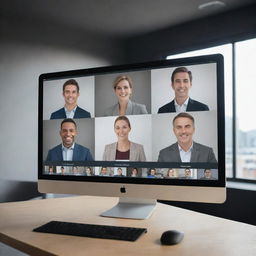 A webinar room displayed on a monitor screen, with more detailed faces on the screen and perfectly composed surrounding space with impeccable lighting.