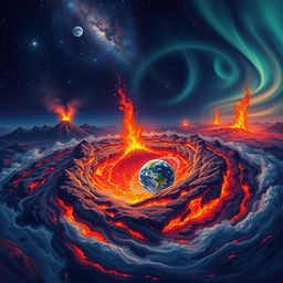 A breathtaking illustration capturing the Origin of Earth, depicting a swirling mass of molten lava and cosmic debris gradually cooling to form the primitive Earth