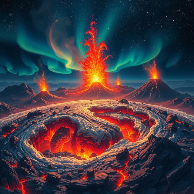 A breathtaking illustration capturing the Origin of Earth, depicting a swirling mass of molten lava and cosmic debris gradually cooling to form the primitive Earth