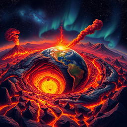 A breathtaking illustration capturing the Origin of Earth, depicting a swirling mass of molten lava and cosmic debris gradually cooling to form the primitive Earth