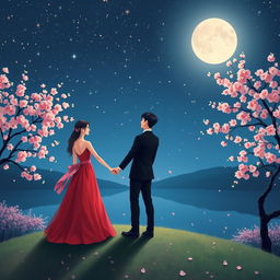 Romantic scene under a starry night sky, featuring a couple holding hands in a beautiful landscape