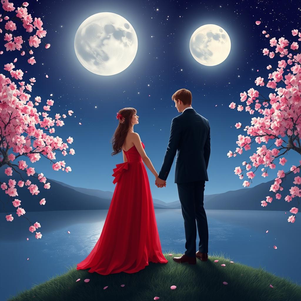 Romantic scene under a starry night sky, featuring a couple holding hands in a beautiful landscape