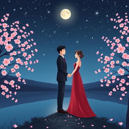 Romantic scene under a starry night sky, featuring a couple holding hands in a beautiful landscape