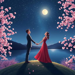 Romantic scene under a starry night sky, featuring a couple holding hands in a beautiful landscape