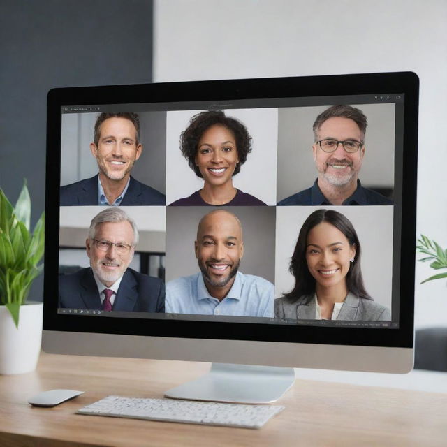 A webinar room displayed on a monitor screen, with more detailed faces on the screen and perfectly composed surrounding space with impeccable lighting.