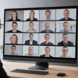 A webinar room displayed on a monitor screen, with more detailed faces on the screen and perfectly composed surrounding space with impeccable lighting.