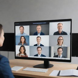 A webinar room displayed on a monitor screen, with more detailed faces on the screen and perfectly composed surrounding space with impeccable lighting.