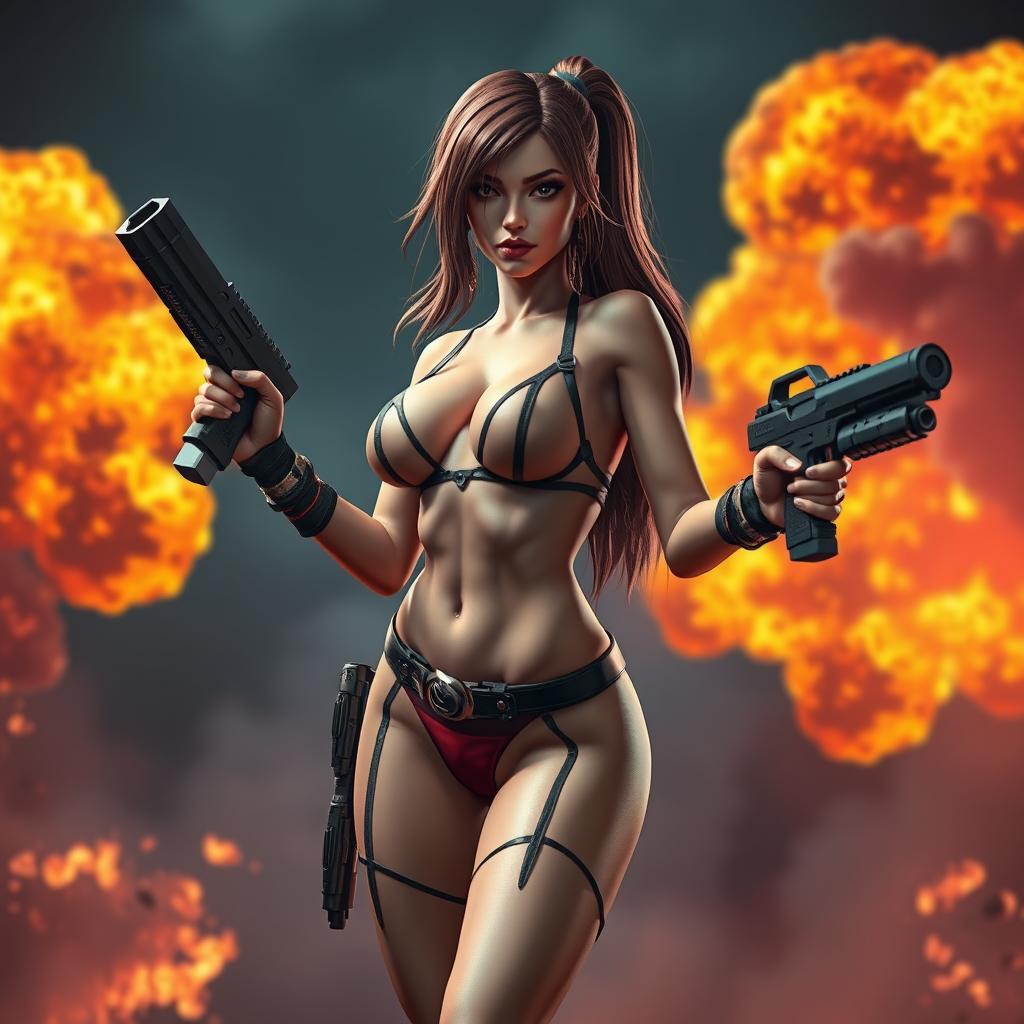 Create a 3D video game character, a sexy woman in stylish lingerie, standing amidst a backdrop of dramatic explosions