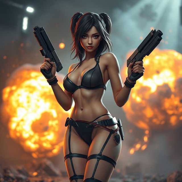 Create a 3D video game character, a sexy woman in stylish lingerie, standing amidst a backdrop of dramatic explosions