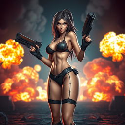 Create a 3D video game character, a sexy woman in stylish lingerie, standing amidst a backdrop of dramatic explosions