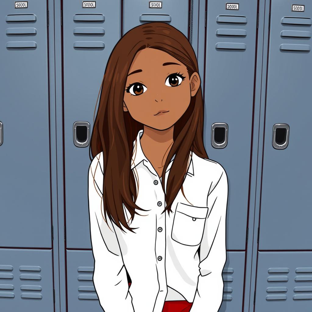 in front of school lockers, a girl is leaning against the locker doors