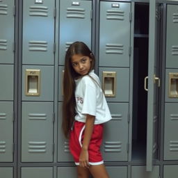 in front of school lockers, a girl is leaning against the locker doors