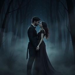 A dark, passionate couple deeply in love, enveloped in an ethereal mist