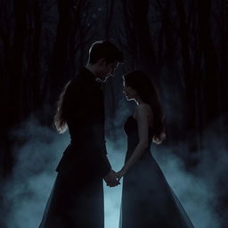 A dark, passionate couple deeply in love, enveloped in an ethereal mist