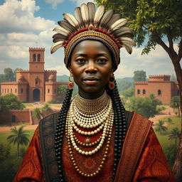 A hyper-realistic portrayal of Rainha Nzinga, the renowned 17th-century queen of the Ndongo and Matamba Kingdoms