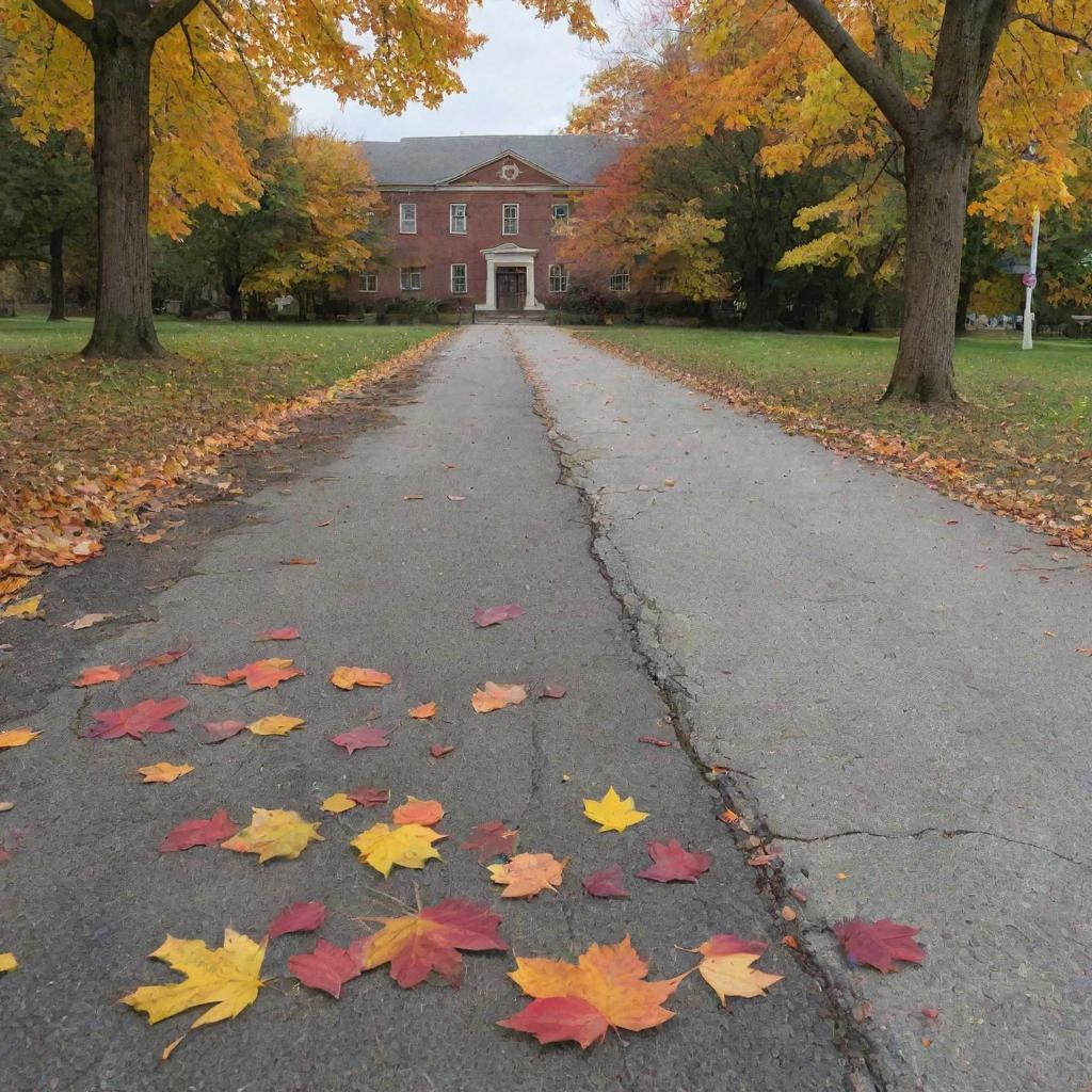 A cracked and uneven road adjacent to an old, picturesque school building, with colorful autumn leaves scattered on the ground.