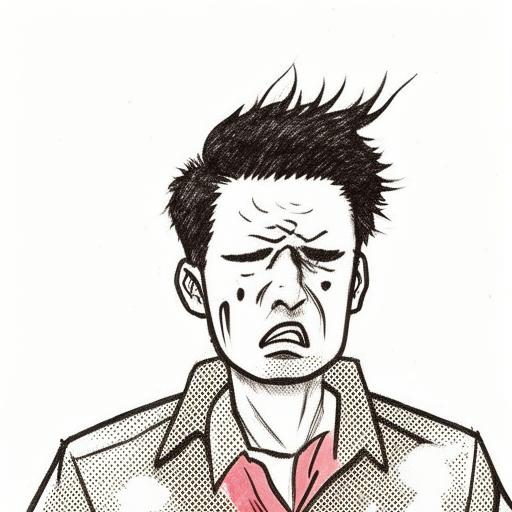 A manga styled representation of a man in the throes of a hangover, featuring exaggerated facial expression demonstrating discomfort and exhaustion.