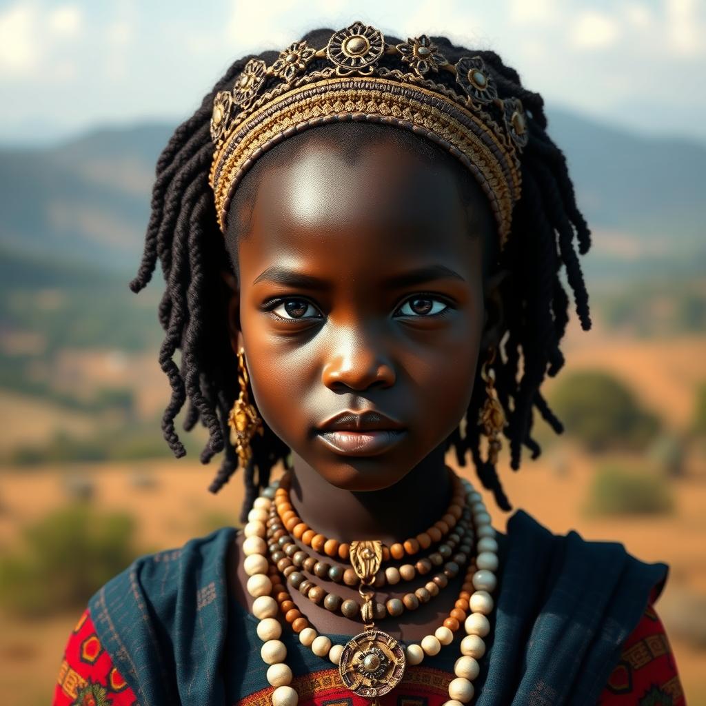 A hyper-realistic portrayal of a young Rainha Nzinga, the renowned 17th-century queen of the Ndongo and Matamba Kingdoms, capturing her youthful appearance while maintaining her regal presence