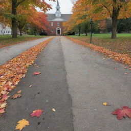 A cracked and uneven road adjacent to an old, picturesque school building, with colorful autumn leaves scattered on the ground.