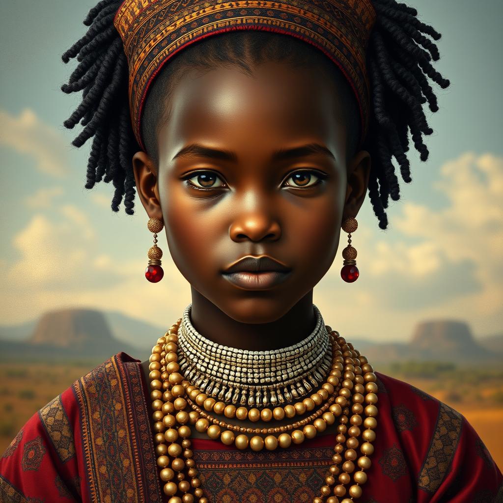 A hyper-realistic portrayal of a young Rainha Nzinga, the renowned 17th-century queen of the Ndongo and Matamba Kingdoms, capturing her youthful appearance while maintaining her regal presence