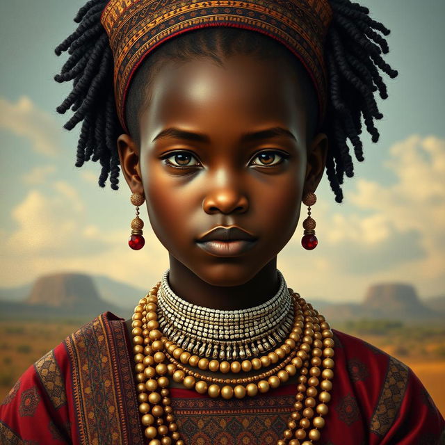 A hyper-realistic portrayal of a young Rainha Nzinga, the renowned 17th-century queen of the Ndongo and Matamba Kingdoms, capturing her youthful appearance while maintaining her regal presence
