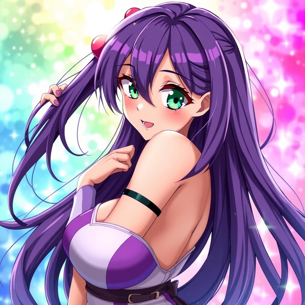 A sexy anime girl with long flowing purple hair, captivating bright green eyes, and a playful smile