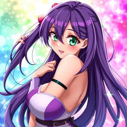 A sexy anime girl with long flowing purple hair, captivating bright green eyes, and a playful smile