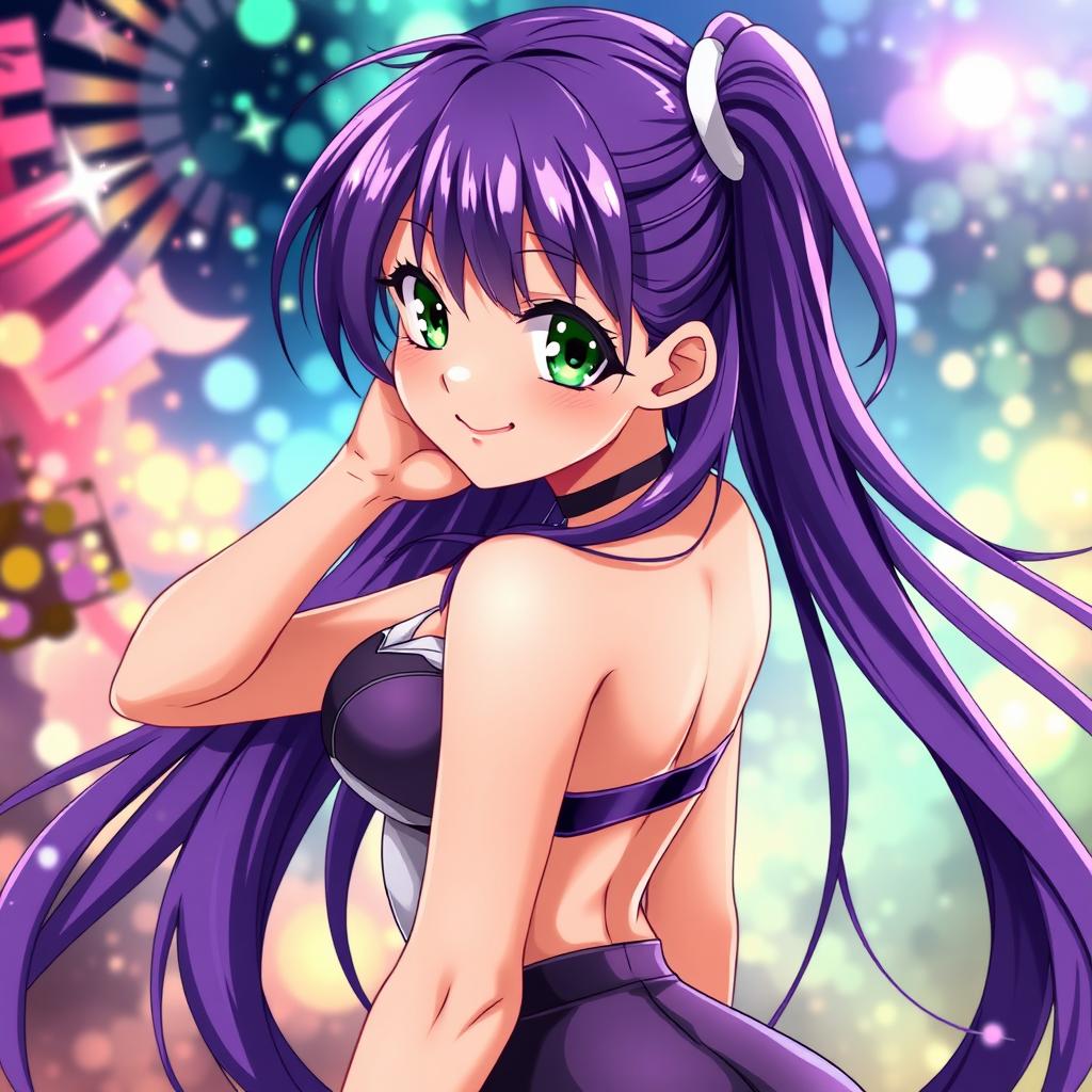 A sexy anime girl with long flowing purple hair, captivating bright green eyes, and a playful smile