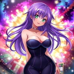 A sexy anime girl with long flowing purple hair, captivating bright green eyes, and a playful smile