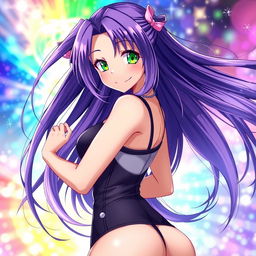 A sexy anime girl with long flowing purple hair, captivating bright green eyes, and a playful smile