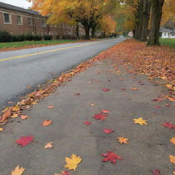 A cracked and uneven road adjacent to an old, picturesque school building, with colorful autumn leaves scattered on the ground.