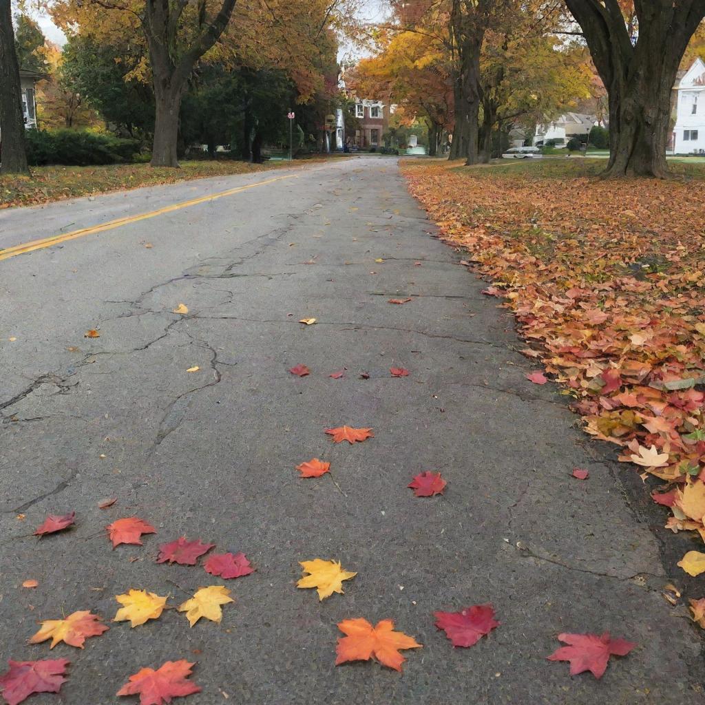 A cracked and uneven road adjacent to an old, picturesque school building, with colorful autumn leaves scattered on the ground.