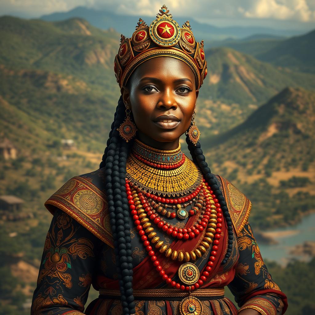 A magnificent and hyper-realistic depiction of Rainha Nzinga, the formidable 17th-century queen of the Ndongo and Matamba Kingdoms