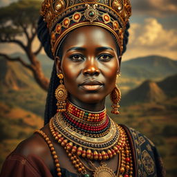 A magnificent and hyper-realistic depiction of Rainha Nzinga, the formidable 17th-century queen of the Ndongo and Matamba Kingdoms