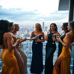 A group of alluring women with charismatic smiles, dressed in elegant evening gowns that accentuate their curves