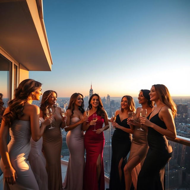 A group of alluring women with charismatic smiles, dressed in elegant evening gowns that accentuate their curves