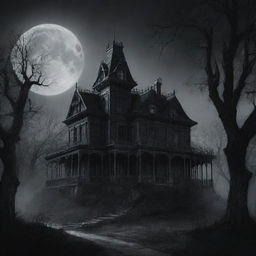 A dark, eerie sketch of a haunted mansion, cloaked by the moonless night, with barren trees giving off an unsettling vibe.