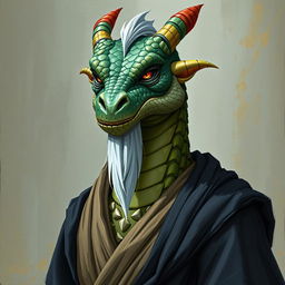 A dragonborn with topaz-colored scales, wearing an elegant robe