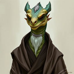 A dragonborn with topaz-colored scales, wearing an elegant robe