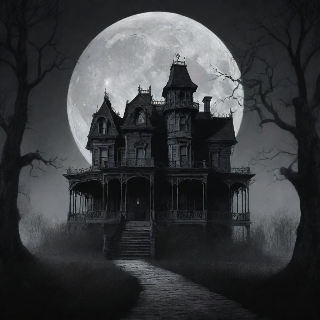A dark, eerie sketch of a haunted mansion, cloaked by the moonless night, with barren trees giving off an unsettling vibe.