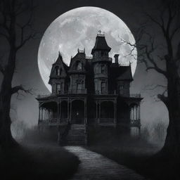 A dark, eerie sketch of a haunted mansion, cloaked by the moonless night, with barren trees giving off an unsettling vibe.