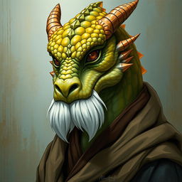 A dragonborn with topaz-colored scales, featuring a white goatee, sharp, intelligent eyes, and a stoic expression